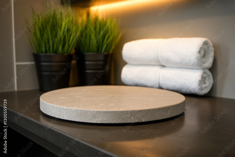 Poster a travertine round podium is centered in a bathroom, illuminated by soft lighting. plants and neatly