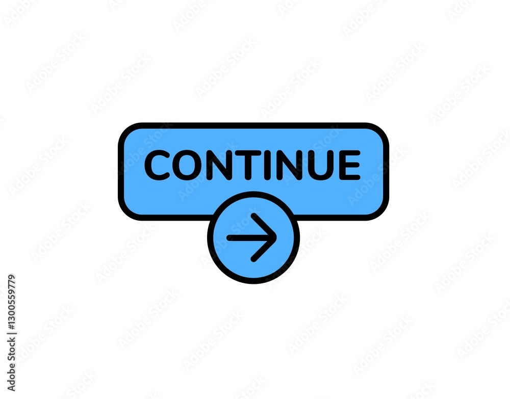 Poster a blue button features continue text with an arrow symbol, designed for user interface navigation.