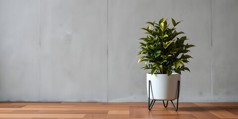 minimalist mockup of a white wall adorned with a vibrant green plant on a polished wood floor,split-color background wall creating a lively and cheerful atmosphere of modern interior design.
