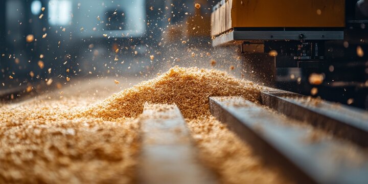Industrial wood processing machine creating sawdust in workshop