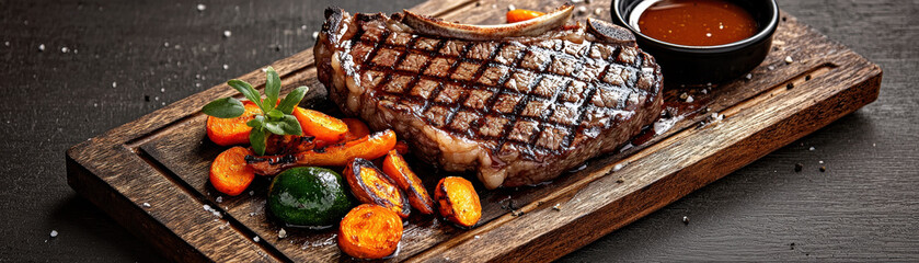 Monosodium Glutamate food savory concept. Juicy steak served with vegetables and sauce on a wooden board.