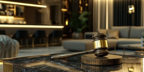 Obraz premium Gavel on Dark Table in Luxurious Living Room