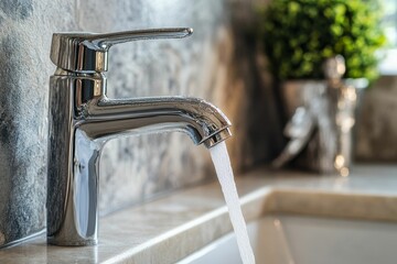 Running water streams from a gleaming chrome bathroom faucet.