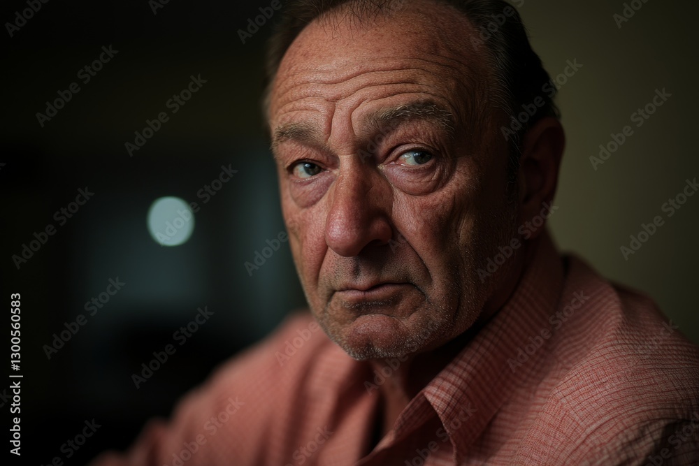 Poster an older man sits in a serene room, illuminated by soft lighting, lost in deep thought with a pensiv