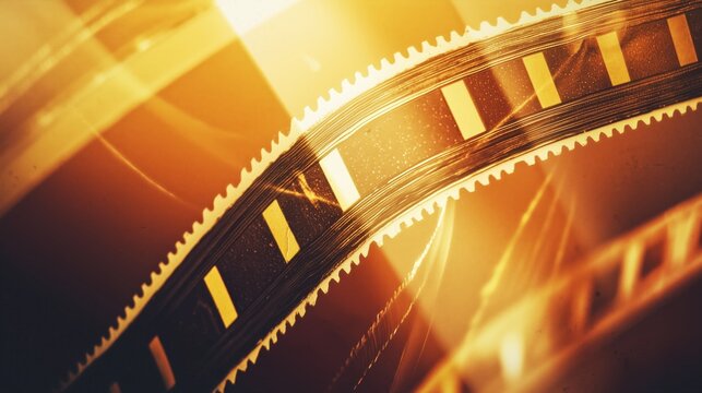 Close-up film strip with black and yellow frames in curved layout. Glossy surface with perforated edges and warm orange glow. Vintage cinema design with detailed texture and classic style.