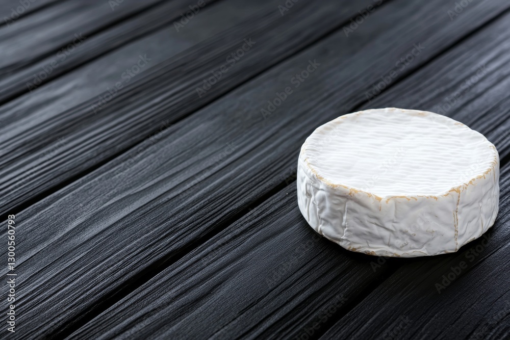 Poster a wheel of farm camembert cheese rests on a dark wooden table, illuminated by soft natural light tha