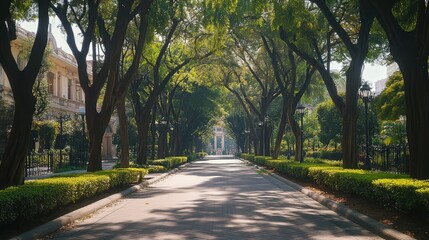 Fototapeta premium rain tree-lined avenue leading to an iconic cultural monument in the heart of the city