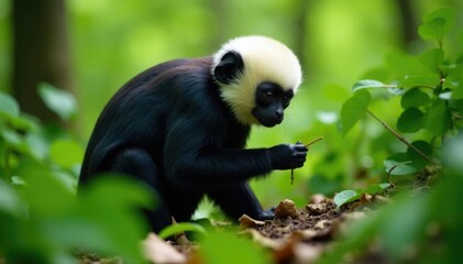 Obraz premium White headed capuchin foraging in forest undergrowth, leaves, primate