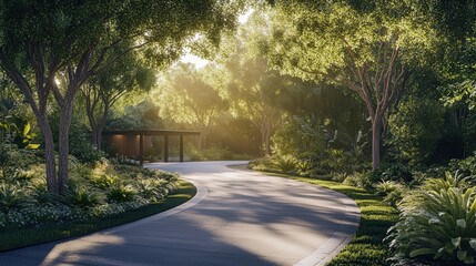 Obraz premium rain tree-lined driveway leading to a secluded retreat, with the sun filtering through the leaves and casting patterns on the path below