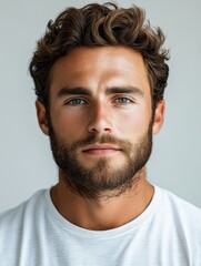 Fototapeta premium Young man with curly hair and beard poses for a close-up portrait in a neutral-toned setting