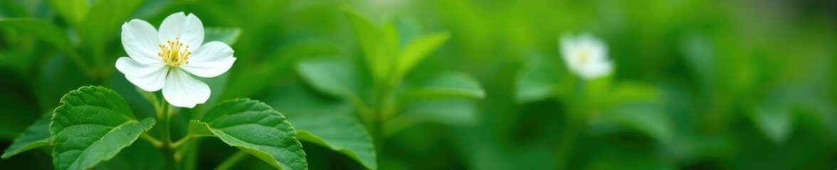 Obraz premium White flower blooms on pepper bush green leaves, plant, leaves, garden