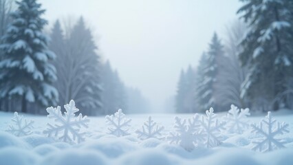 Fototapeta premium Snowy forest with a few snowflakes on the ground. The snowflakes are small and scattered, creating a peaceful and serene atmosphere