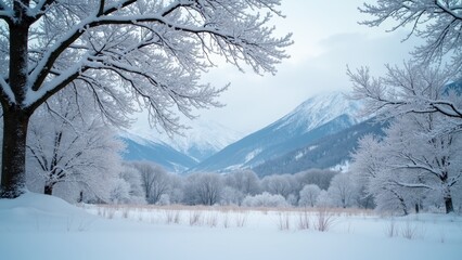 Snowy landscape with a tree in the foreground. The snow is covering the ground and the trees, giving the scene a peaceful and serene atmosphere