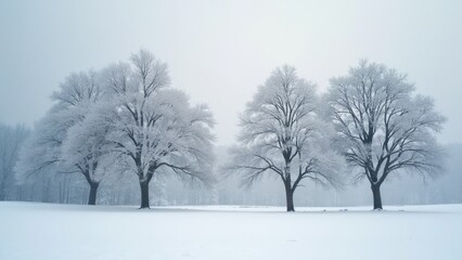 Obraz premium Three trees are covered in snow and are standing in a field. The snow is falling and the sky is cloudy. The scene is peaceful and serene
