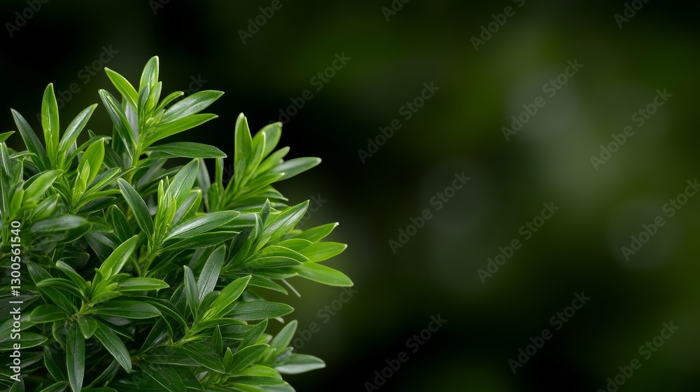 Poster Yew tree's needle-like leaves are densely clustered and sharply detailed, set against a blurred background to highlight their unique texture with ample copy space