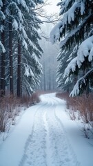 Obraz premium Snow-covered path in a forest with trees covered in snow. The path is narrow and winding, and the snow is deep in some areas