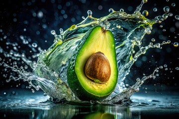 Long exposure captures vibrant green avocado splashing, creating refreshing droplet art.