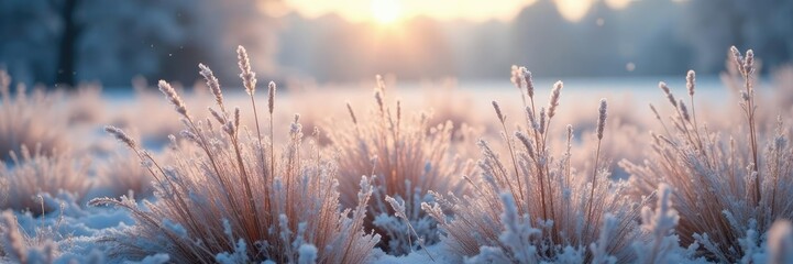 Fototapeta premium Tall grasses swaying gently in the cold weather, frozen flowers, cold climate, frosty atmosphere