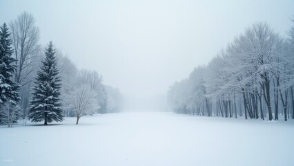 Obraz premium Snowy landscape with a path in the middle and trees on both sides. The sky is cloudy and the snow is falling