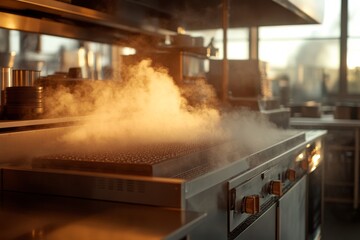 Intense steam rises from a commercial dishwasher in a busy restaurant kitchen, demonstrating its robust cleaning mechanism amid various kitchen appliances