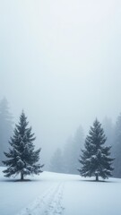 Two pine trees are standing in a snow covered field. The sky is overcast and the snow is falling
