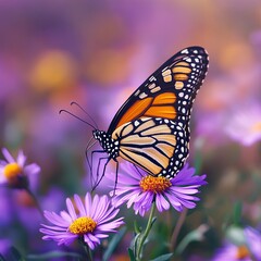 Fototapeta premium Monarch butterfly on purple aster flower in summer floral background. Female monarch butterflies in autumn blooming asters landscape panoramic banner.