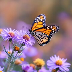 Monarch butterfly on purple aster flower in summer floral background. Female monarch butterflies in autumn blooming asters landscape panoramic banner.