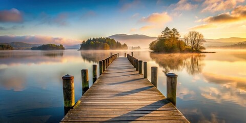 Naklejka premium wooden jetty at sunrise on lake Windermere with misty hills and trees island in the background, tranquil atmosphere, wooden dock