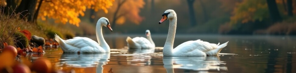 Obraz premium Geese and swans swimming in a pond surrounded by vibrant autumn colors, water, birds