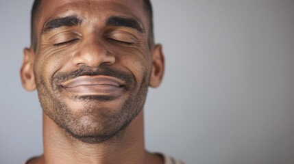 Obraz premium A smiling man's profile view of his face against a grey background.