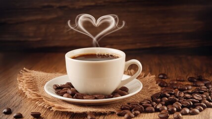 Fototapeta premium Heartwarming Coffee Cup with Heart-Shaped Steam on Rustic Burlap, Surrounded by Coffee Beans – Ideal for Cafe Decor, Coffee Culture, and Love for Coffee Themes