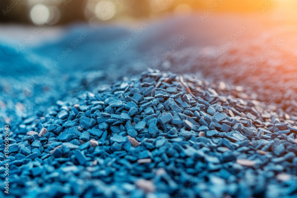 Aufkleber blue plastic granules appear scattered across a white surface, illuminated by soft lighting that emp
