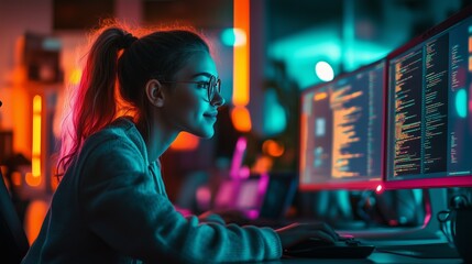 Fototapeta premium A young woman coding at her computer surrounded by vibrant neon lighting, creating a futuristic workspace atmosphere.