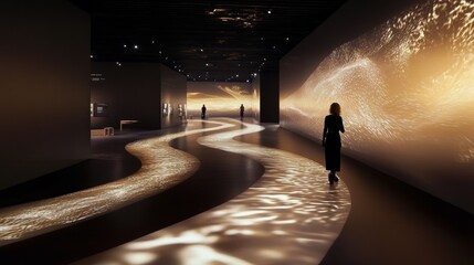 An abstract art gallery features a glowing, curvy pathway with ambient lighting and silhouettes of people exploring the exhibits.