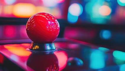 Close Up of Red Glowing Joystick Ball in Neon Lit Arcade