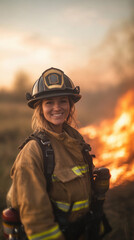 Courageous girl firefighter amidst dramatic fire sparks and smoke scene. Firefighters day