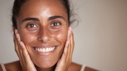 A smiling person applying skincare products to their face.