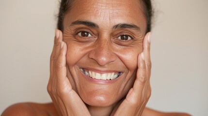 "Woman applying skincare, smiling".