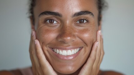 "Close-up of a smiling woman applying skincare products."