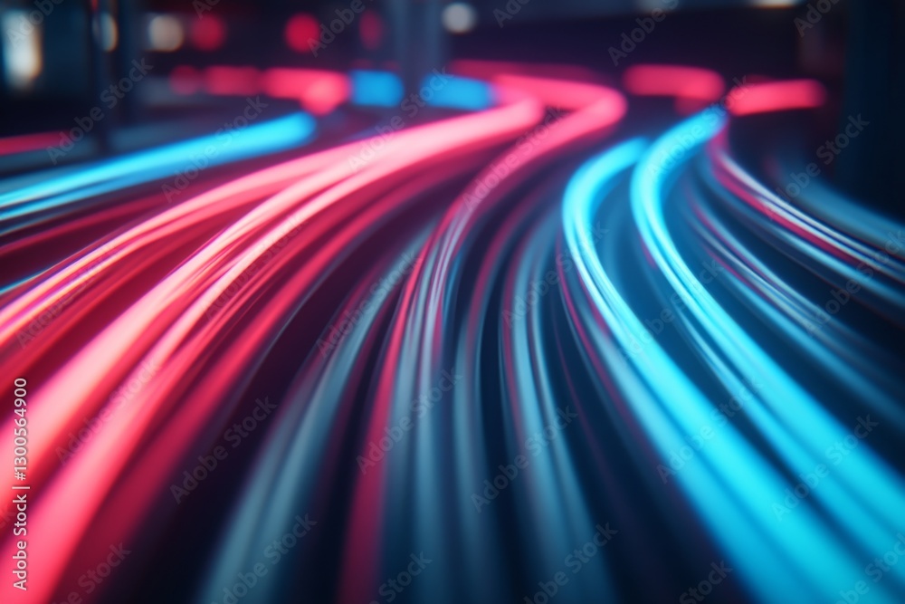 Poster glowing fiber optic cables illuminate the dark background, creating vibrant streaks of light that re