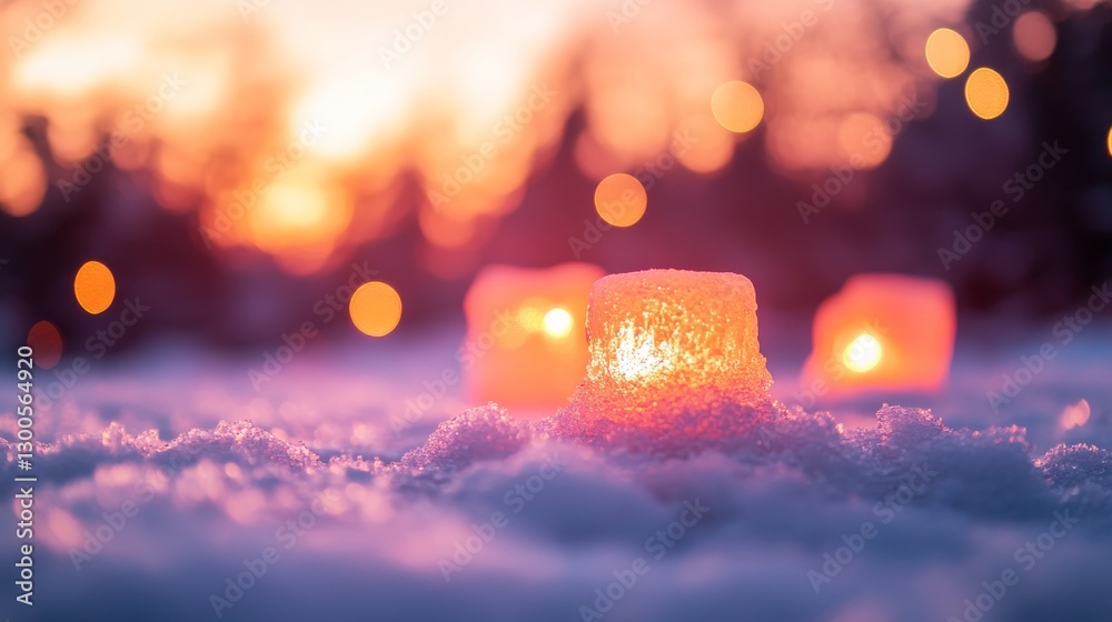 Poster close-up of glowing ice-like pillars amidst soft snow, reflecting twinkling lights. the tranquil win