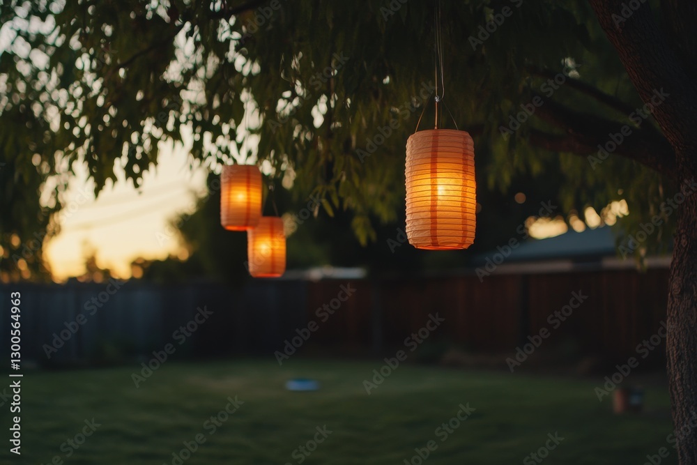 Aufkleber soft light from glowing lanterns hung in tree branches creates a welcoming atmosphere in a backyard 