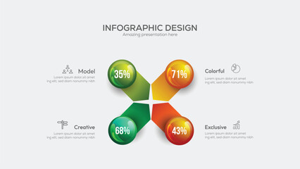 Business 4 option infographic presentation vector 3D colorful balls illustration. Corporate marketing analytics data report design layout. Company statistics information graphic visualization template