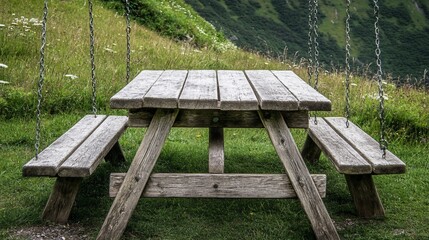 Fototapeta premium Rustic picnic table overlooking a mountain meadow