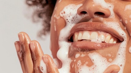 Naklejka premium A person washing their face with foamy soap.