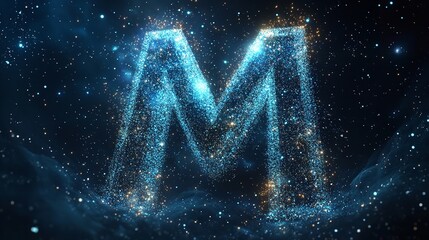 A Cosmic Letter M, Shimmering With Stardust And Celestial Energy, Gracefully Descends Upon A Dark Nebula, A Breathtaking Spectacle Of Light And Wonder In A Deep Blue Space