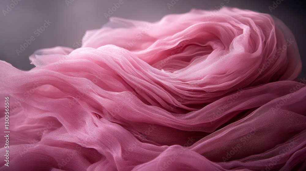 Poster Flowing pink fabric forms soft waves that reveal delicate details and create an abstract background with gentle light, providing ample copy space on one side