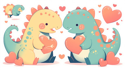 Cute cartoon dinosaurs exchanging hearts in a whimsical setting filled with love and vibrant colors
