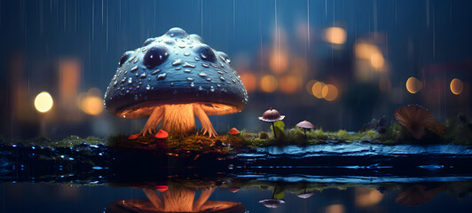 a Mushroom and a monster in rain Strom