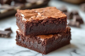 Closeup of a thick chocolate brownie with a soft interior and crisp edges